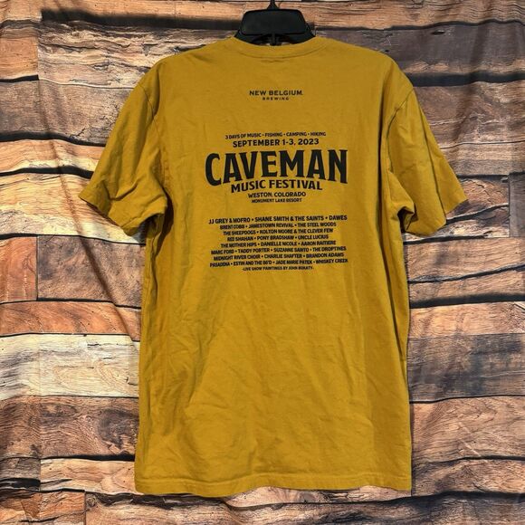 New Belgium Fat Tire Bottlecap XL T-Shirt Yellow Logo Bicycle Beer Caveman Music - Picture 4 of 7